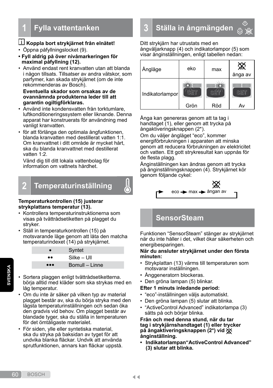 1 fylla vattentanken, 2 temperaturinställning, 3 ställa in ångmängden | Ställa in ångmängden, Sensorsteam, Fylla vattentanken, Temperaturinställning | Bosch TDS12SPORT User Manual | Page 60 / 150