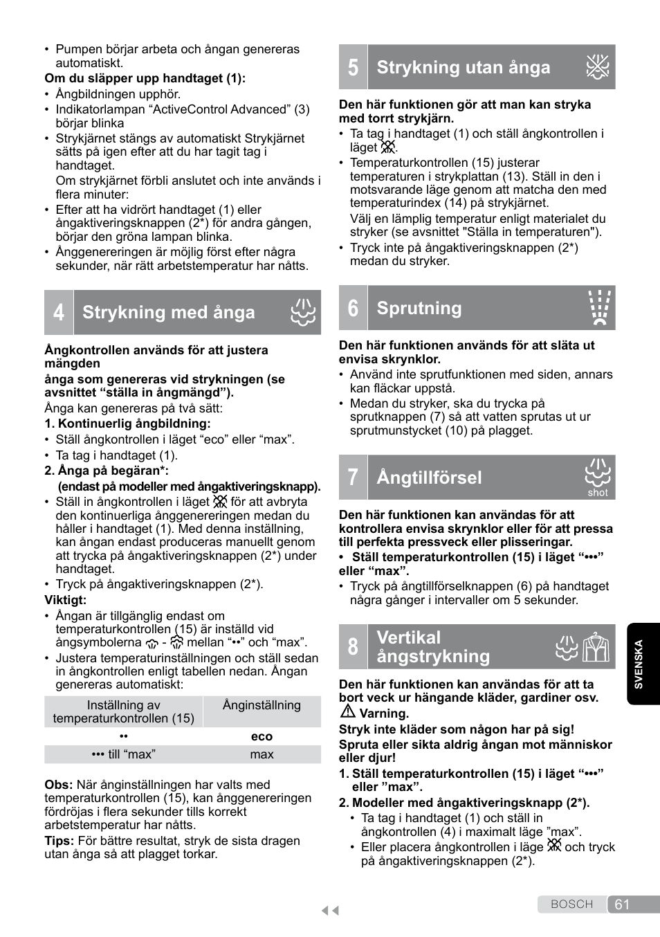 4 strykning med ånga, 5 strykning utan ånga, 6 sprutning | 7 ångtillförsel, 8 vertikal ångstrykning, Strykning utan ånga, Sprutning, Ångtillförsel, Vertikal ångstrykning, Strykning med ånga | Bosch TDS12SPORT User Manual | Page 61 / 150