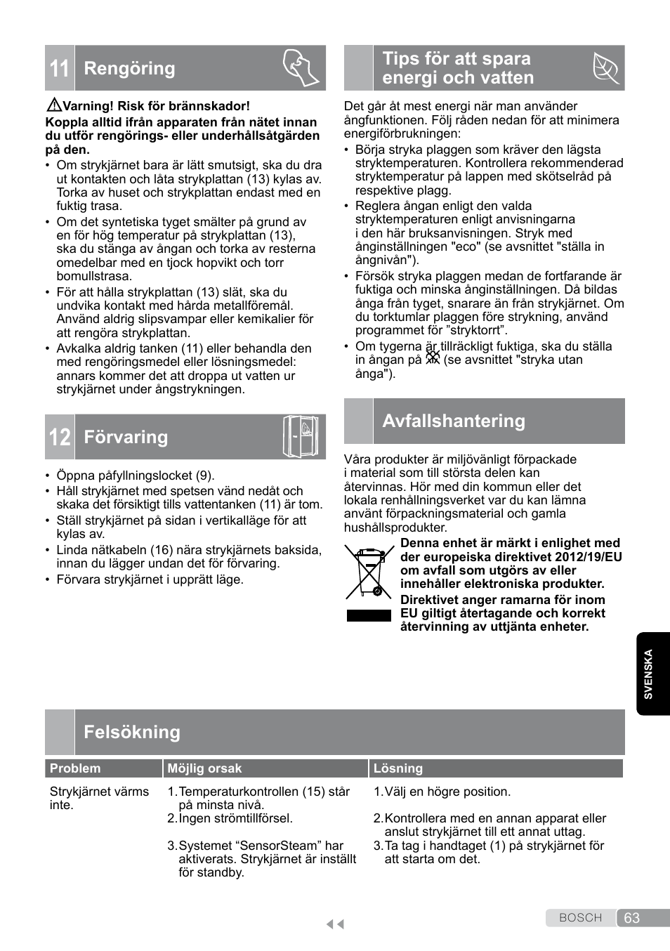 11 rengöring, 12 förvaring, Tips för att spara energi och vatten | Avfallshantering, Felsökning, Rengöring, Förvaring | Bosch TDS12SPORT User Manual | Page 63 / 150