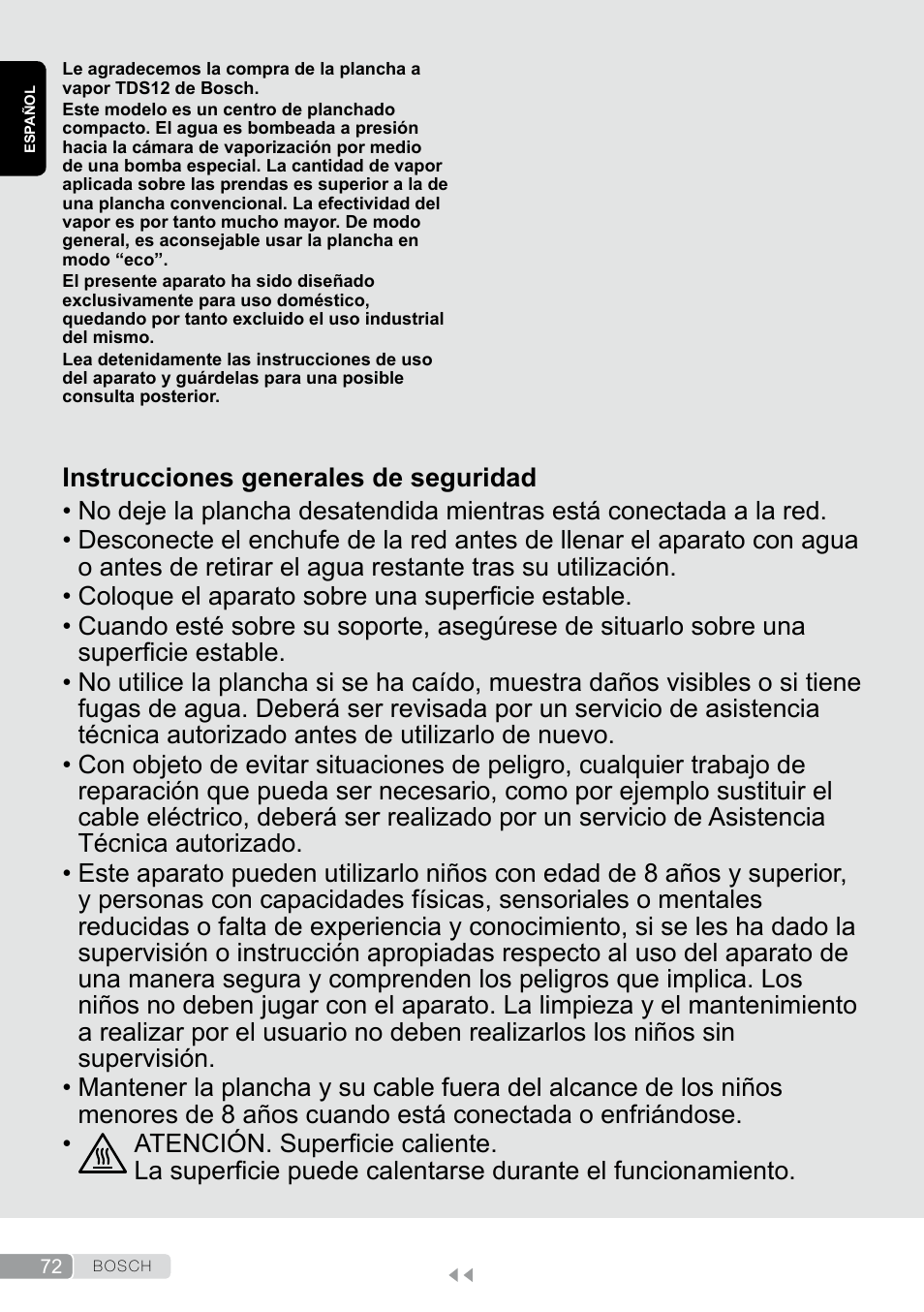 Español, Instrucciones generales de seguridad | Bosch TDS12SPORT User Manual | Page 72 / 150