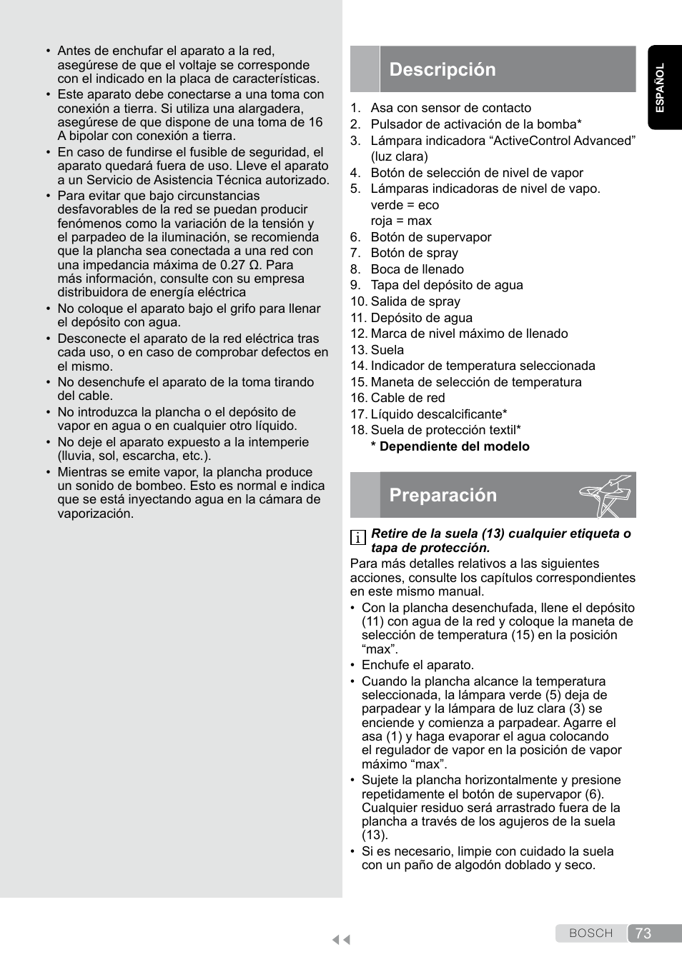 Descripción, Preparación | Bosch TDS12SPORT User Manual | Page 73 / 150