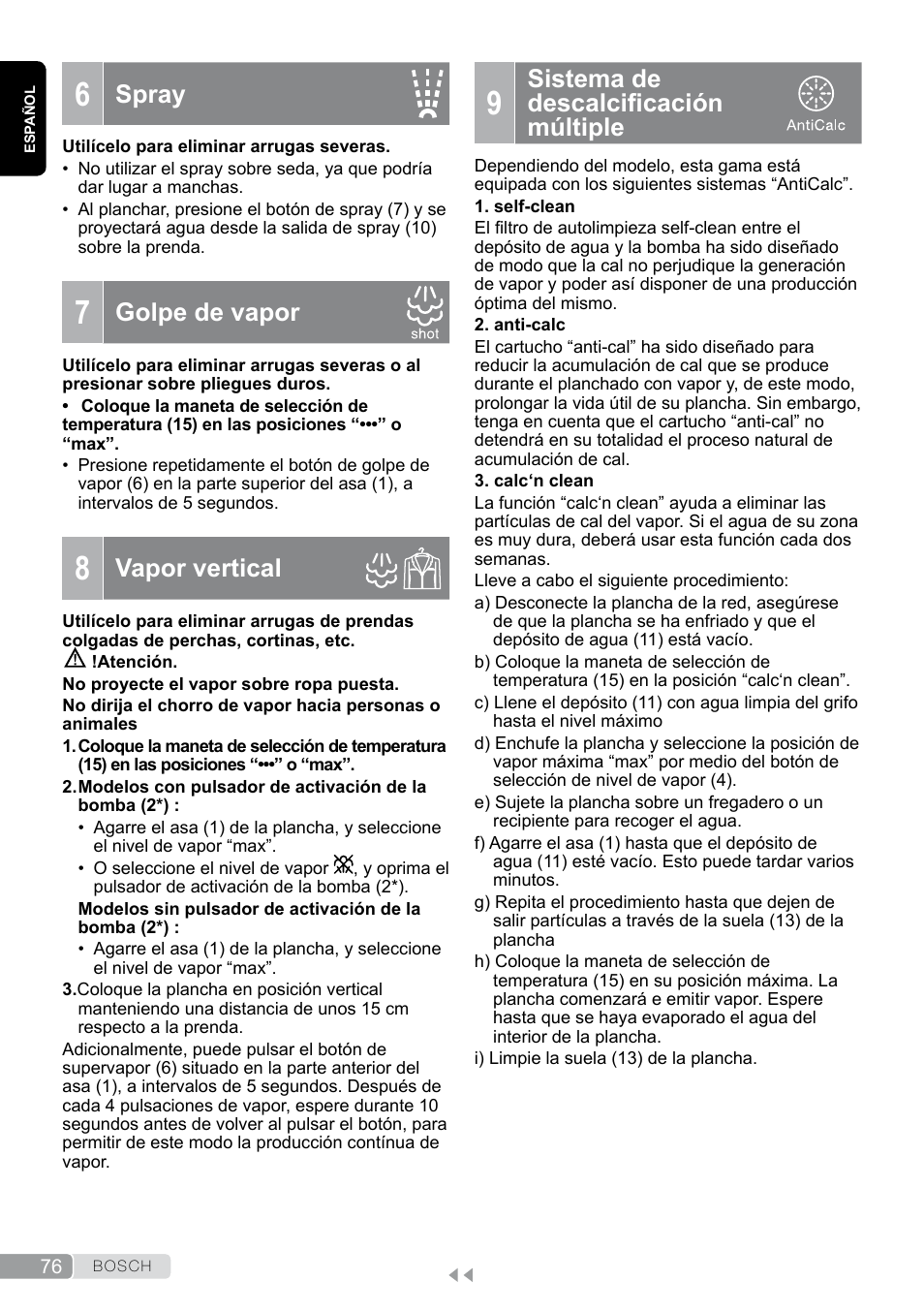 7 golpe de vapor, 9 sistema de descalcificación múltiple, Sistema de descalcificación múltiple | Spray, Golpe de vapor, Vapor vertical | Bosch TDS12SPORT User Manual | Page 76 / 150