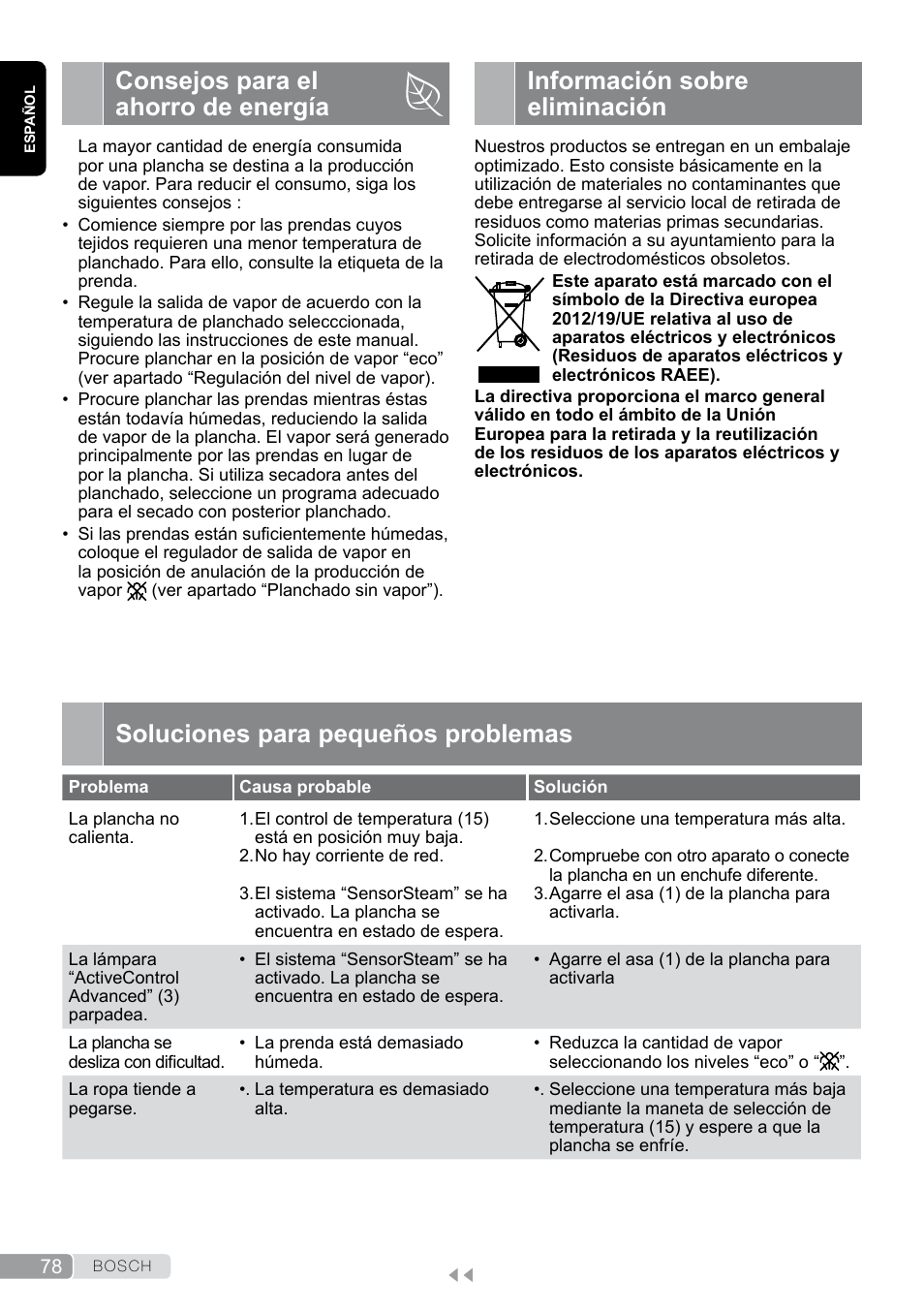 Consejos para el ahorro de energía, Información sobre eliminación, Soluciones para pequeños problemas | Bosch TDS12SPORT User Manual | Page 78 / 150