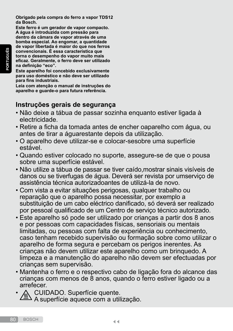 Português, Instruções gerais de segurança | Bosch TDS12SPORT User Manual | Page 80 / 150