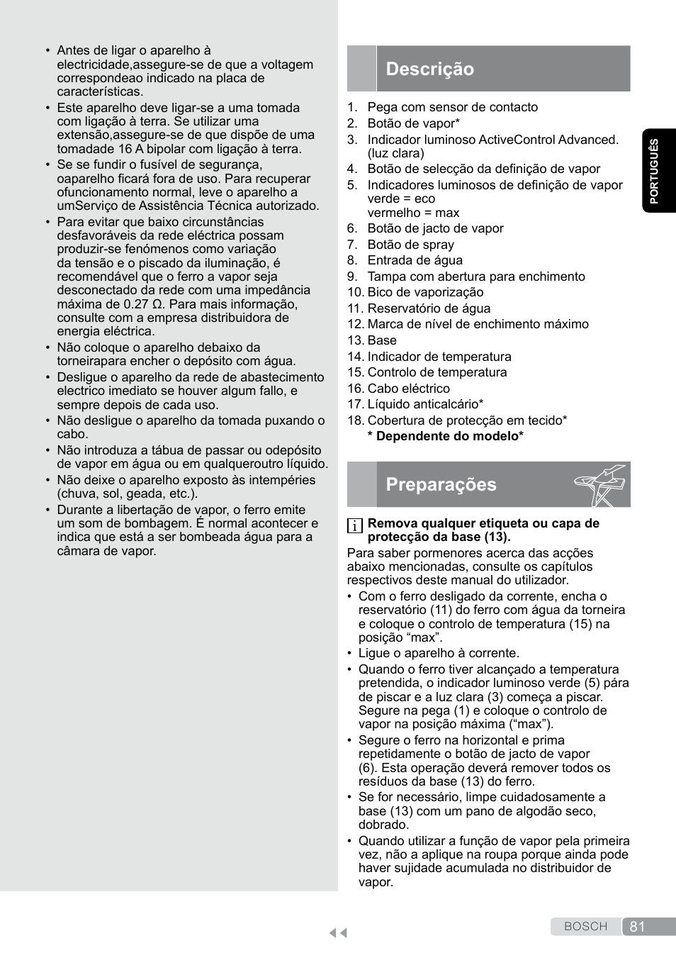 Descrição, Preparações | Bosch TDS12SPORT User Manual | Page 81 / 150