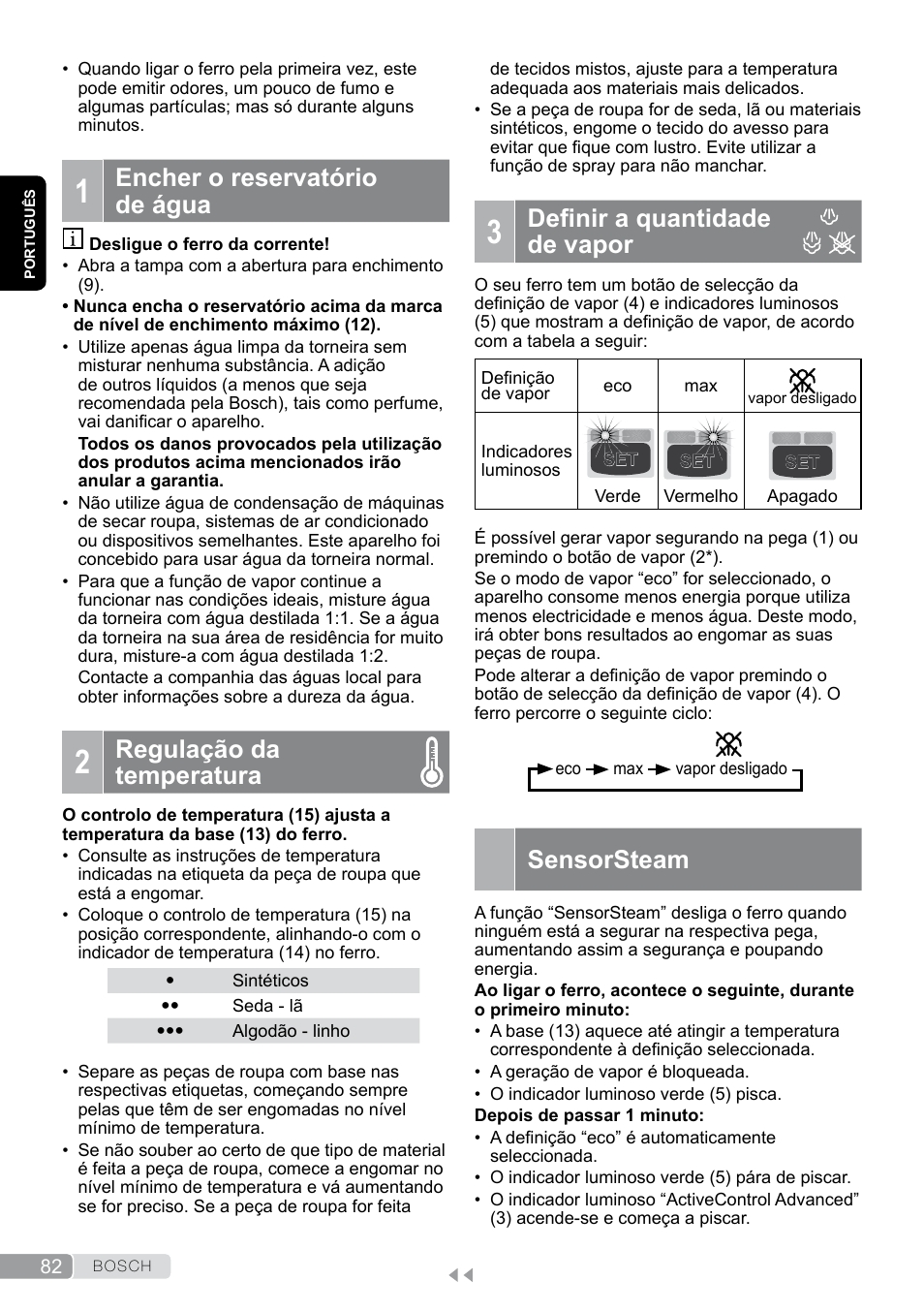 1 encher o reservatório de água, 2 regulação da temperatura, 3 definir a quantidade de vapor | Definir a quantidade de vapor, Sensorsteam, Encher o reservatório de água, Regulação da temperatura | Bosch TDS12SPORT User Manual | Page 82 / 150