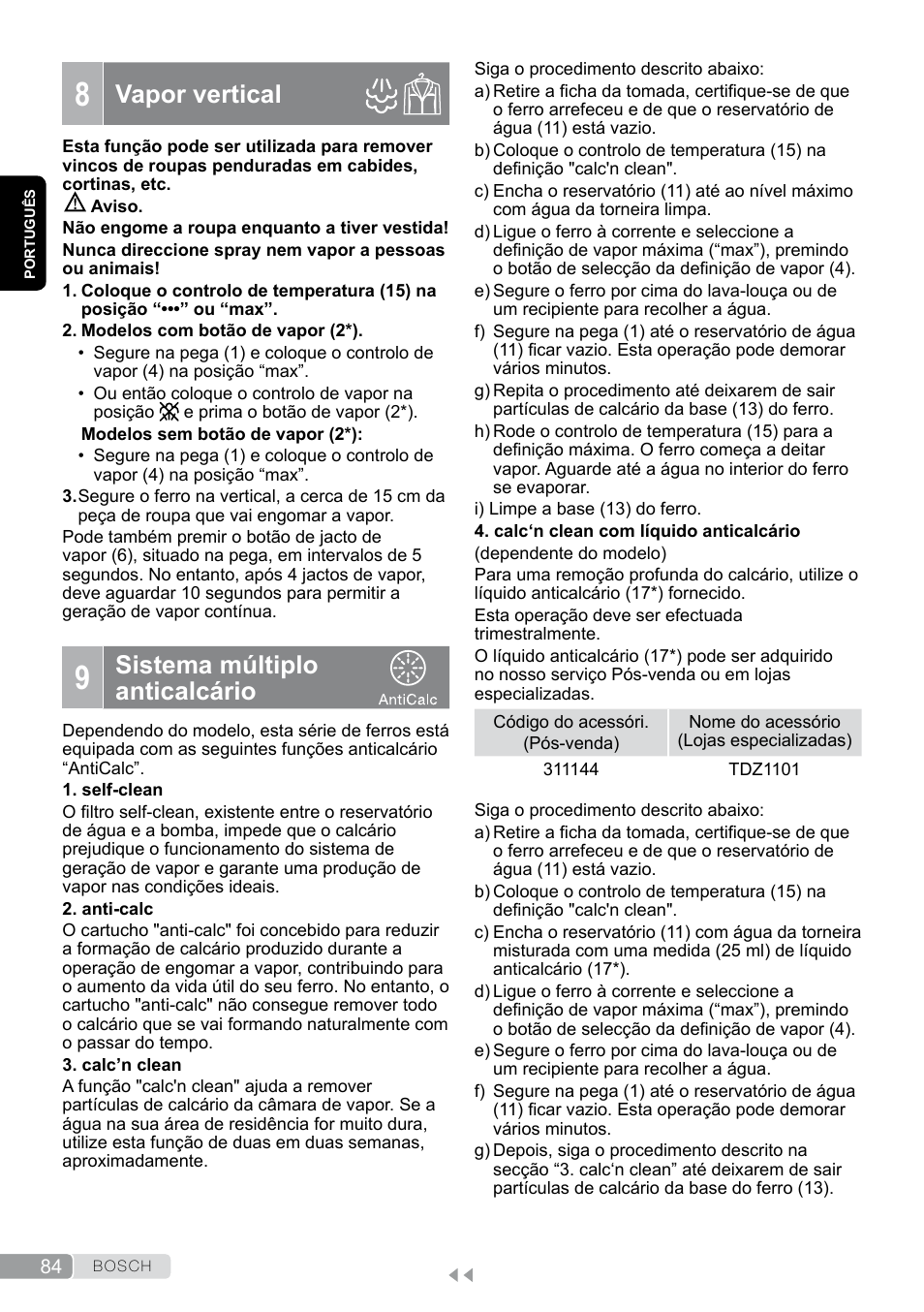 8 vapor vertical, 9 sistema múltiplo anticalcário, Vapor vertical | Sistema múltiplo anticalcário | Bosch TDS12SPORT User Manual | Page 84 / 150