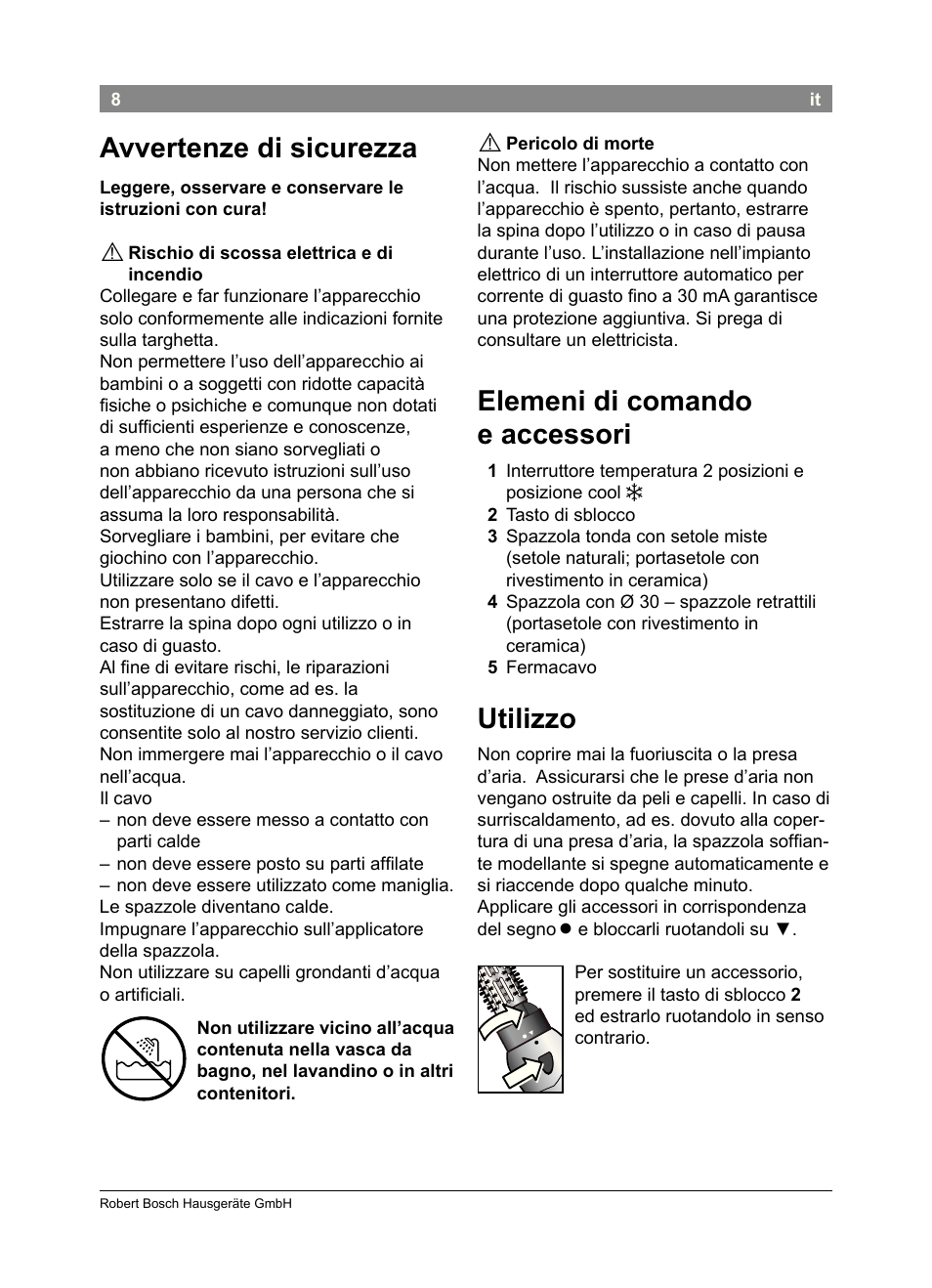 Avvertenze di sicurezza, Elemeni di comando e accessori, Utilizzo | Bosch PHA2302 User Manual | Page 10 / 46