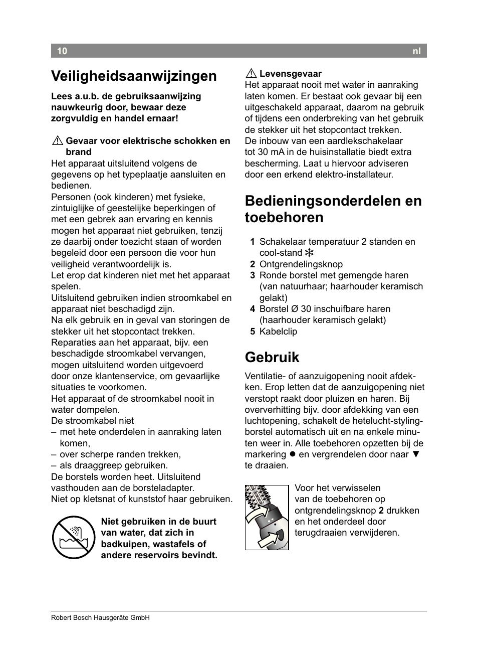 Veiligheidsaanwijzingen, Bedieningsonderdelen en toebehoren, Gebruik | Bosch PHA2302 User Manual | Page 12 / 46