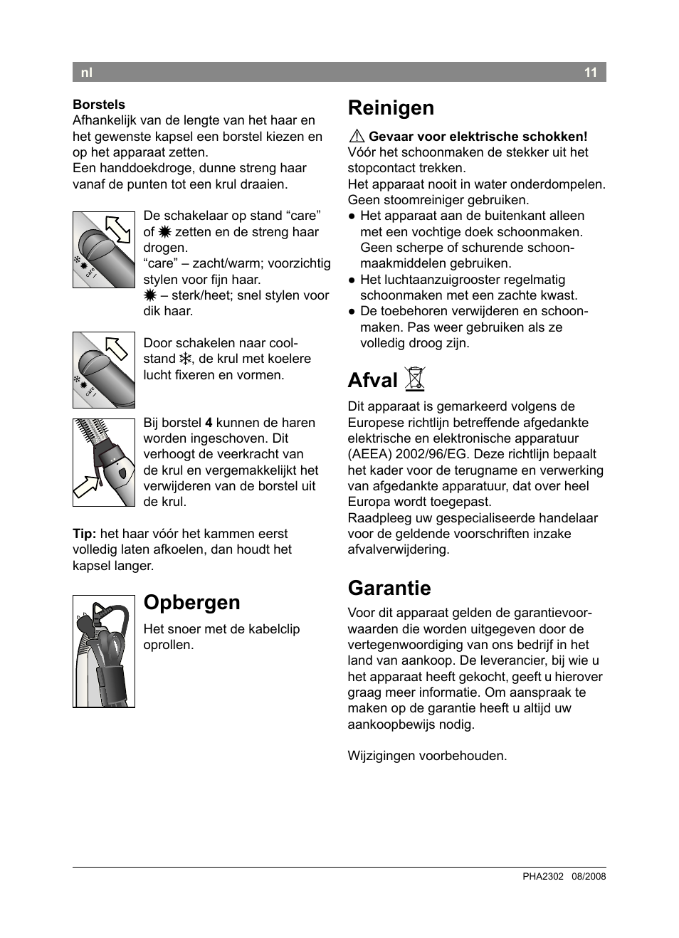 Opbergen, Reinigen, Afval | Garantie | Bosch PHA2302 User Manual | Page 13 / 46