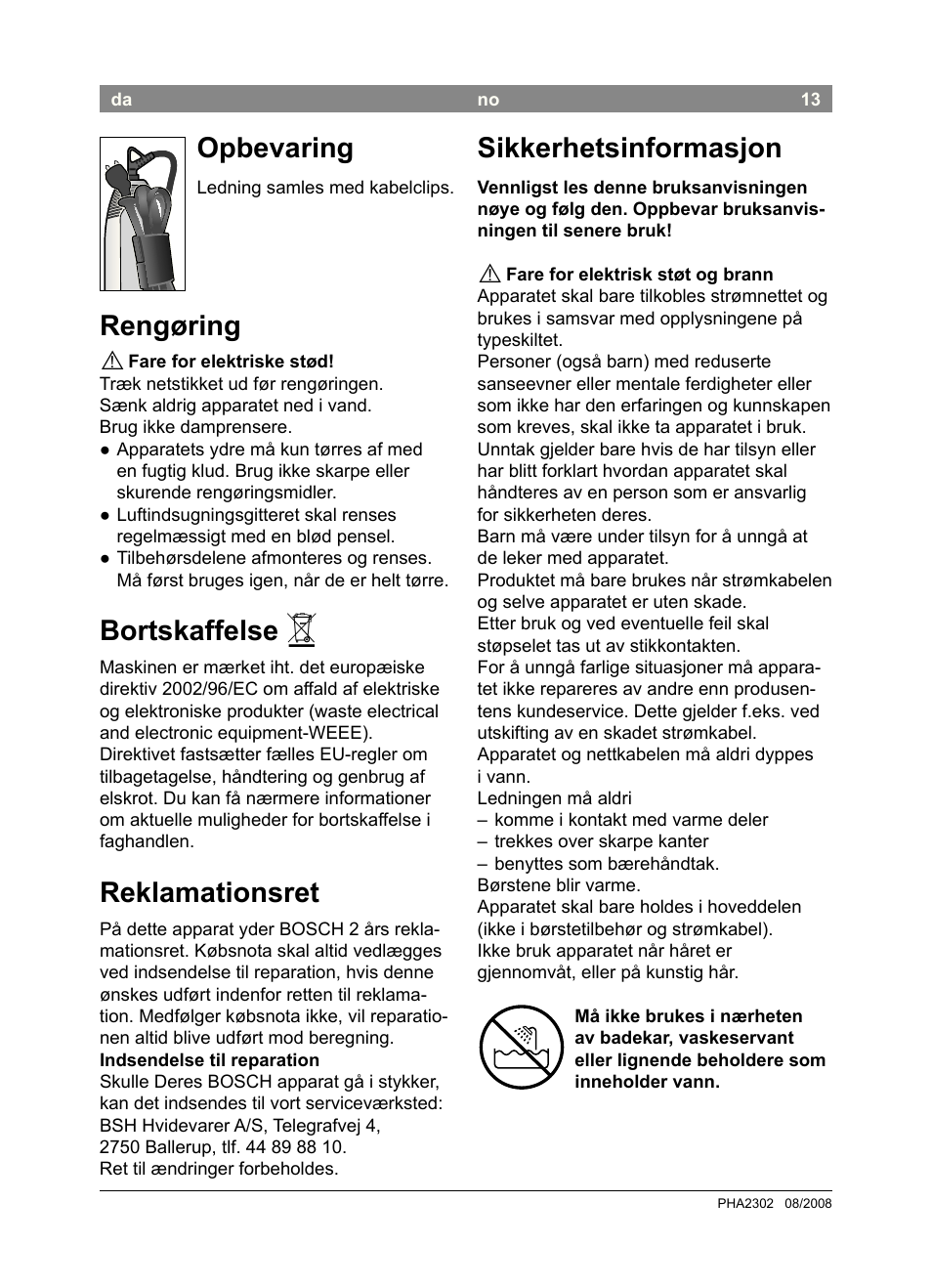 Opbevaring, Rengøring, Bortskaffelse | Reklamationsret, Sikkerhetsinformasjon | Bosch PHA2302 User Manual | Page 15 / 46