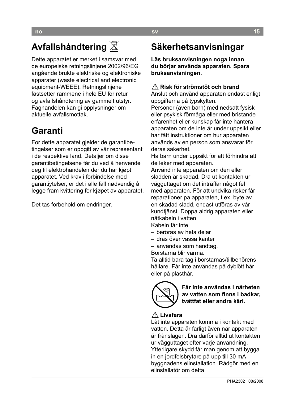 Avfallshåndtering, Garanti, Säkerhetsanvisningar | Bosch PHA2302 User Manual | Page 17 / 46