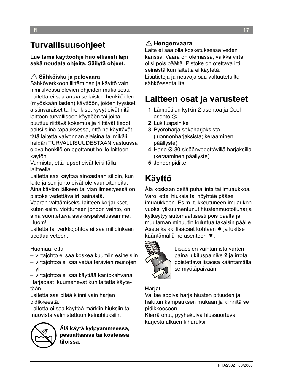 Turvallisuusohjeet, Laitteen osat ja varusteet, Käyttö | Bosch PHA2302 User Manual | Page 19 / 46