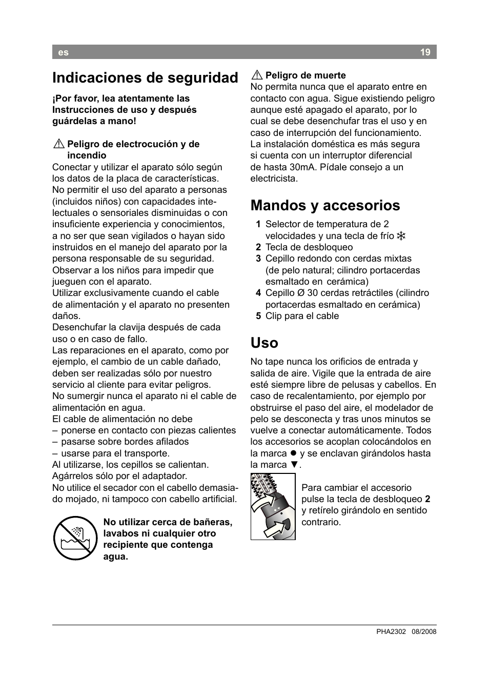 Indicaciones de seguridad, Mandos y accesorios | Bosch PHA2302 User Manual | Page 21 / 46