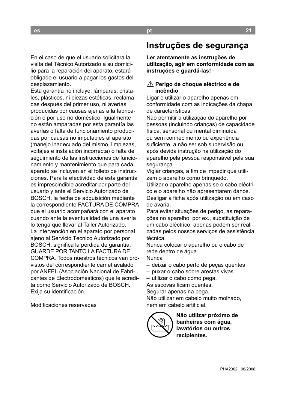 Instruções de segurança | Bosch PHA2302 User Manual | Page 23 / 46