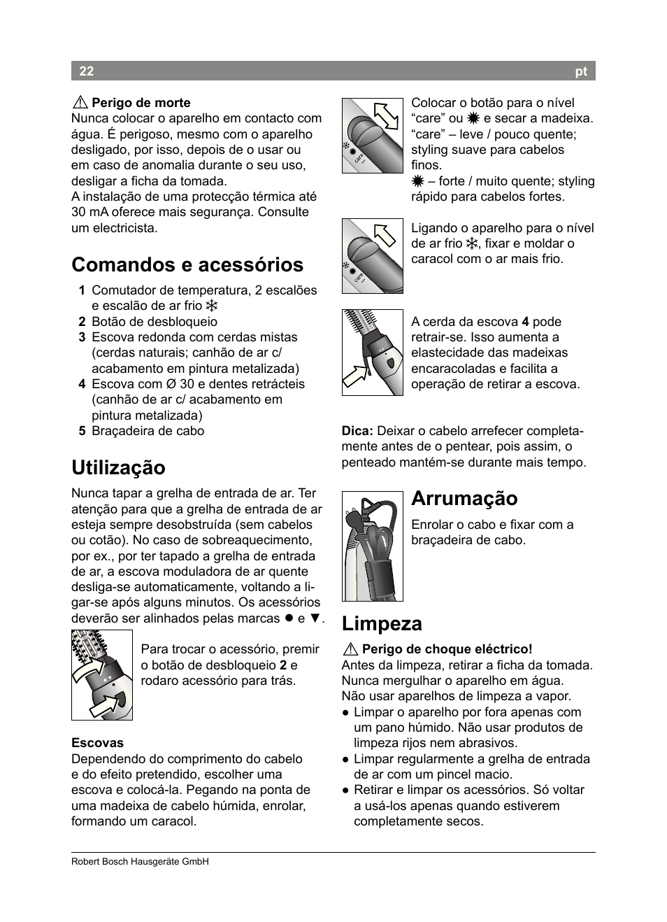 Comandos e acessórios, Utilização, Arrumação | Limpeza | Bosch PHA2302 User Manual | Page 24 / 46