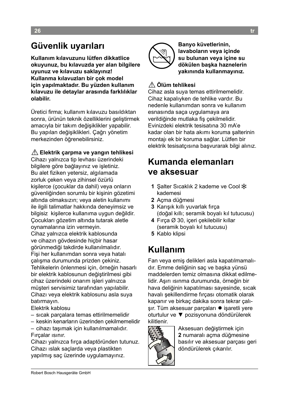 Güvenlik uyarıları, Kumanda elemanları ve aksesuar, Kullanım | Bosch PHA2302 User Manual | Page 28 / 46