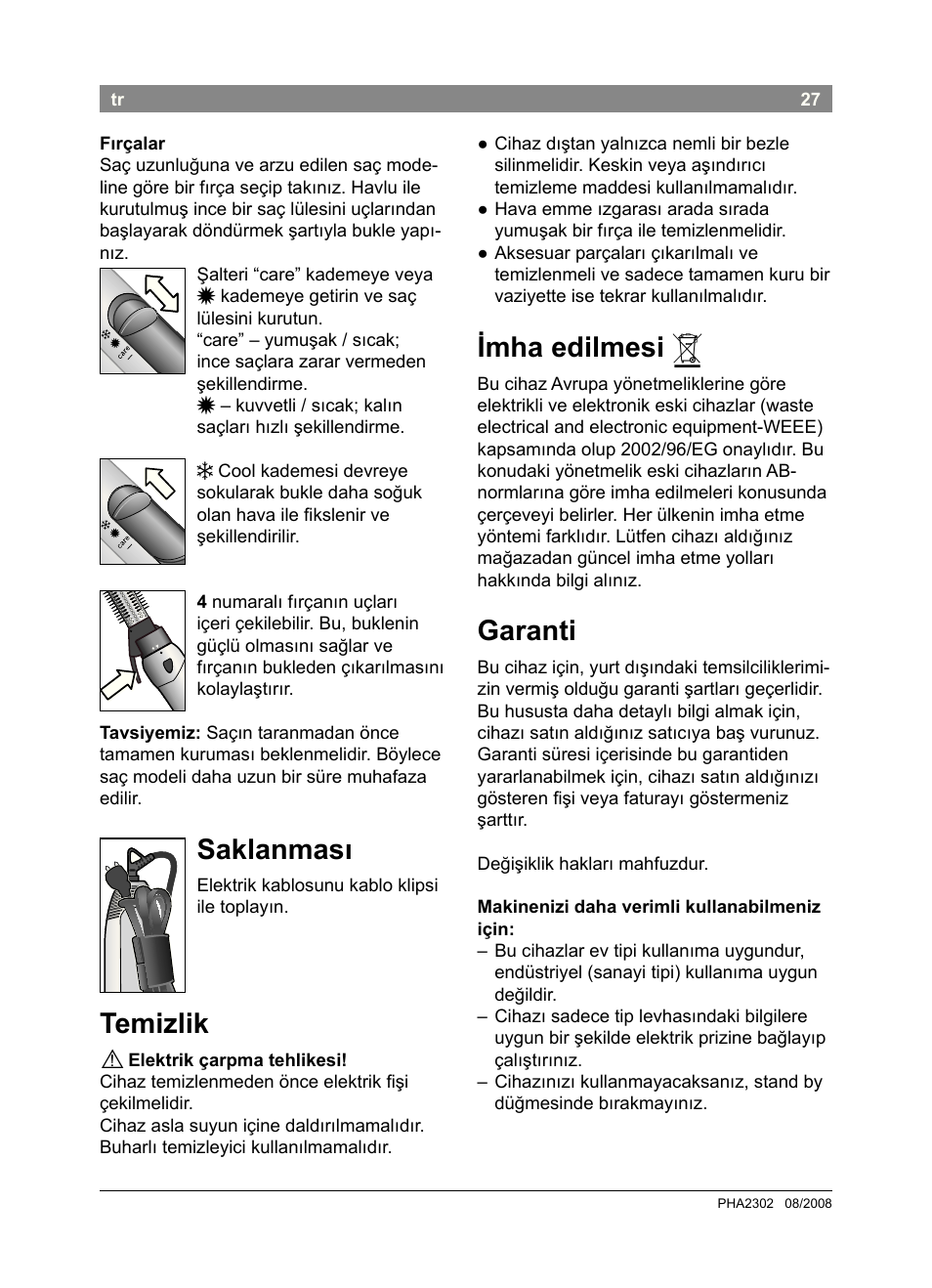 Imha edilmesi, Garanti, Saklanması | Temizlik | Bosch PHA2302 User Manual | Page 29 / 46