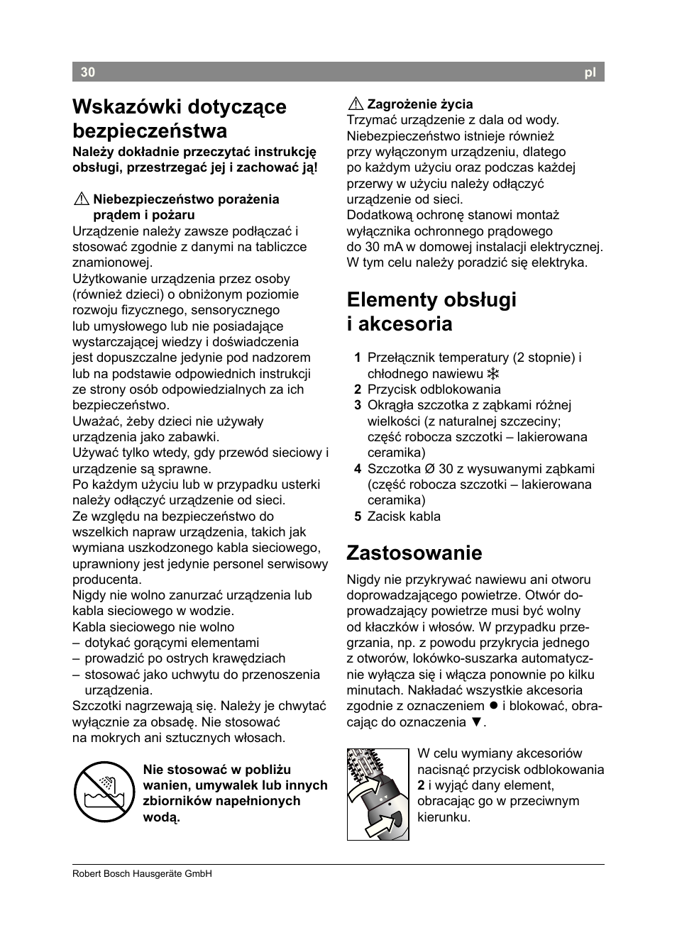 Wskazówki dotyczące bezpieczeństwa, Elementy obsługi i akcesoria, Zastosowanie | Bosch PHA2302 User Manual | Page 32 / 46