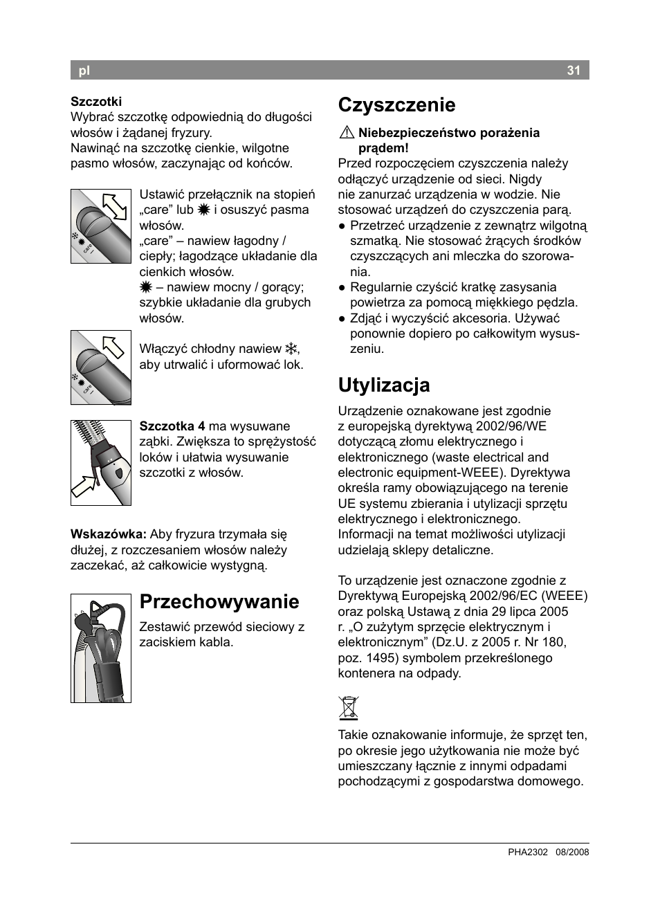 Przechowywanie, Czyszczenie, Utylizacja | Bosch PHA2302 User Manual | Page 33 / 46