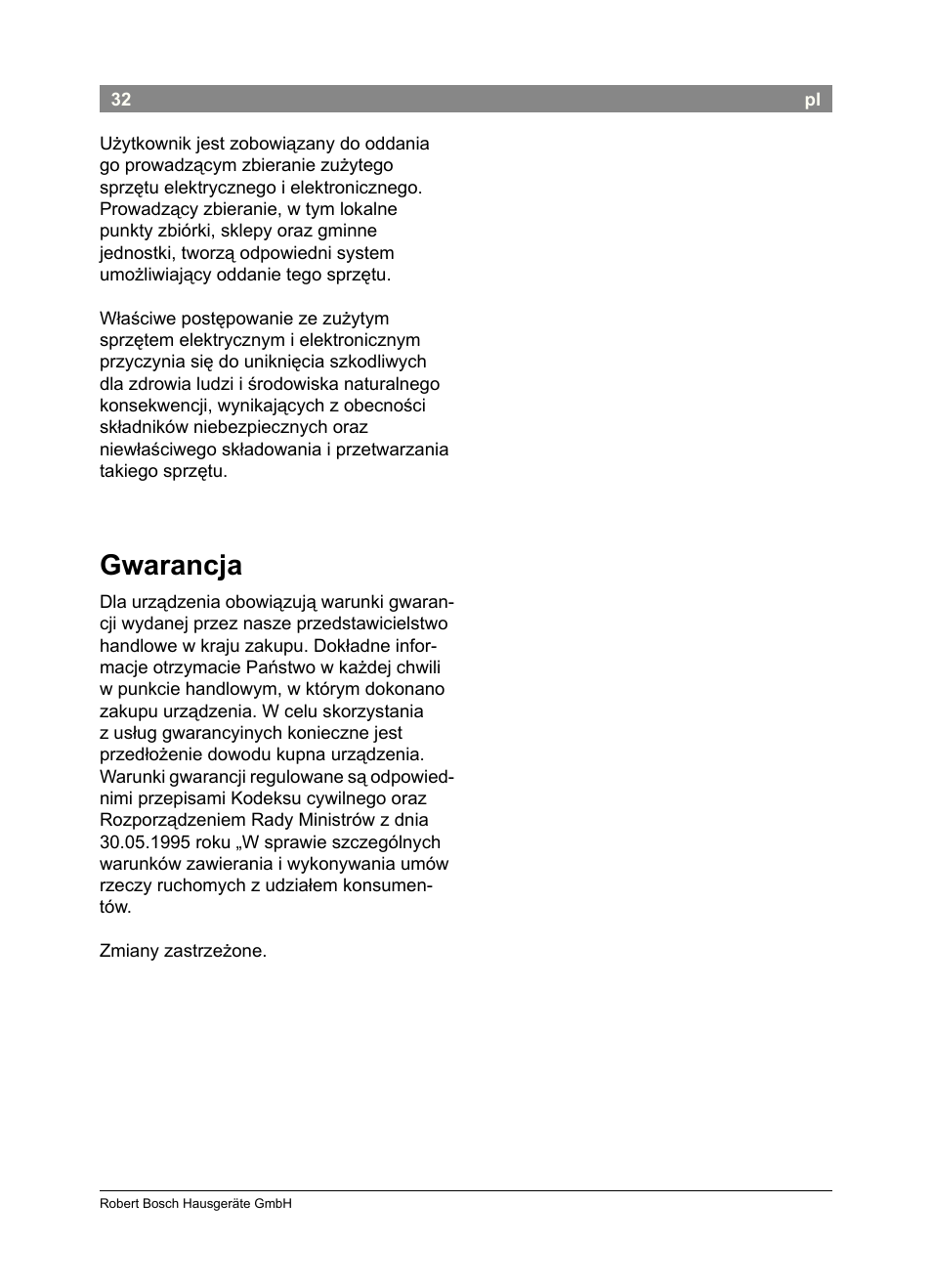 Gwarancja | Bosch PHA2302 User Manual | Page 34 / 46