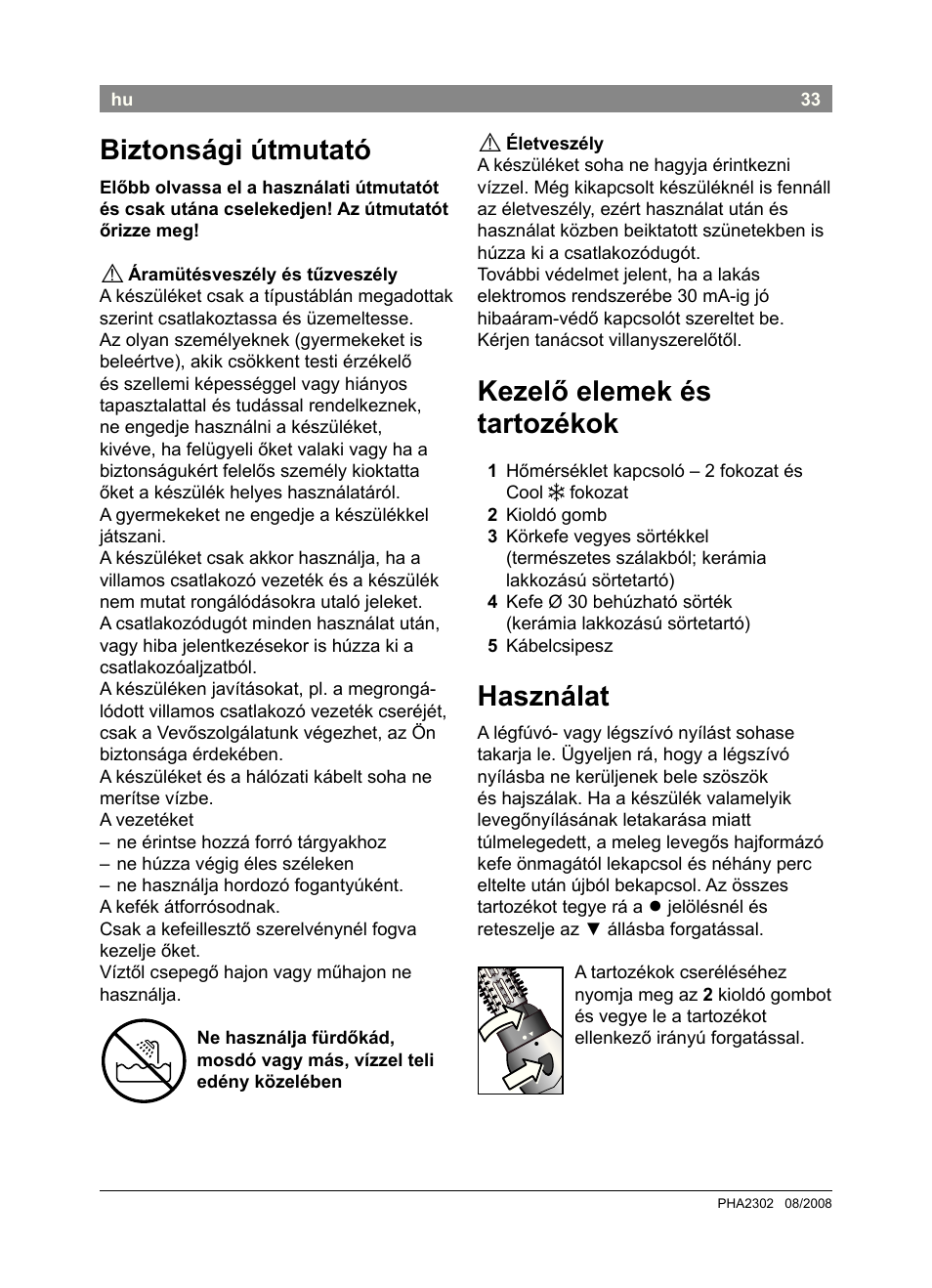 Biztonsági útmutató, Kezelő elemek és tartozékok, Használat | Bosch PHA2302 User Manual | Page 35 / 46