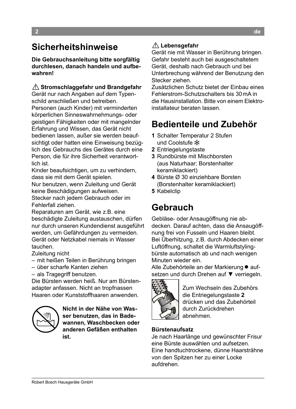 Sicherheitshinweise, Bedienteile und zubehör, Gebrauch | Bosch PHA2302 User Manual | Page 4 / 46