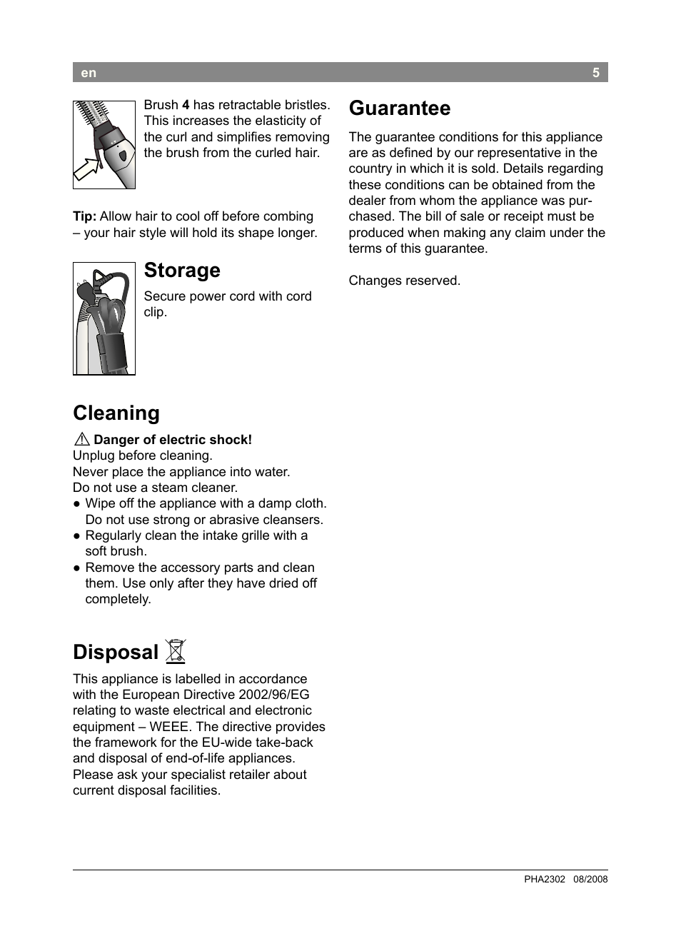 Storage, Cleaning, Disposal | Guarantee | Bosch PHA2302 User Manual | Page 7 / 46