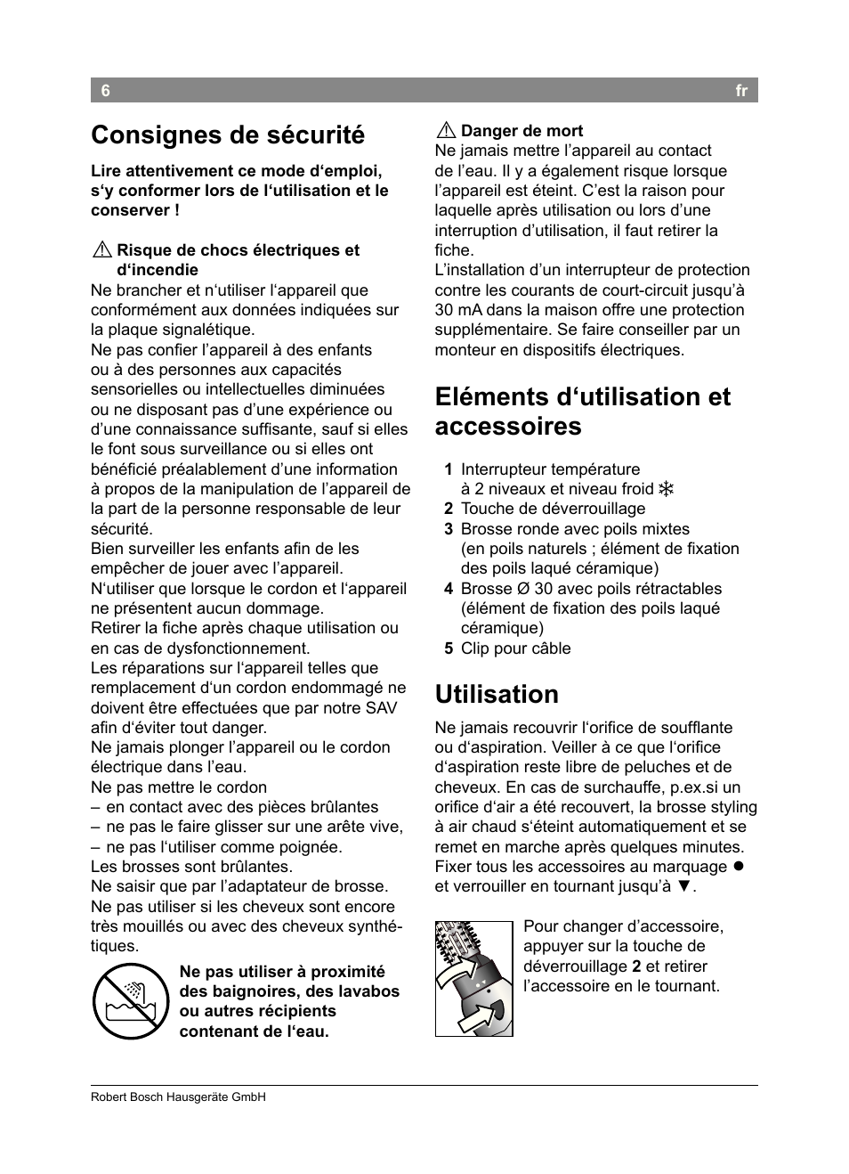 Eléments d‘utilisation et accessoires, Utilisation, Consignes de sécurité | Bosch PHA2302 User Manual | Page 8 / 46