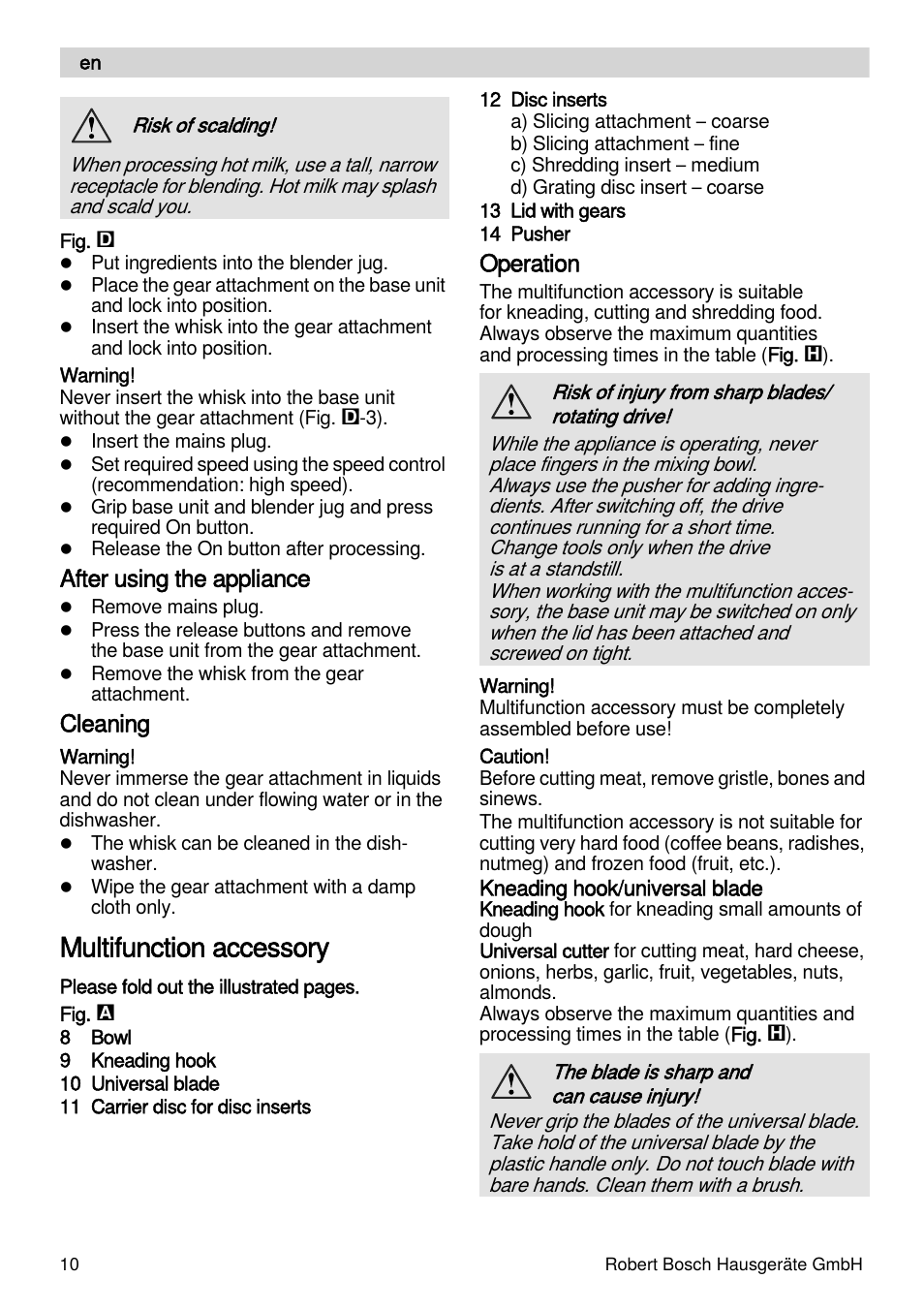Multifunction accessory, After using the appliance, Cleaning | Operation | Bosch MSM88190 User Manual | Page 10 / 108