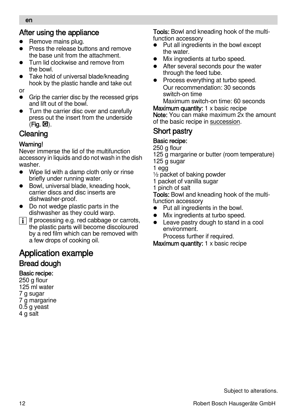 Application example, After using the appliance, Cleaning | Bread dough, Short pastry | Bosch MSM88190 User Manual | Page 12 / 108