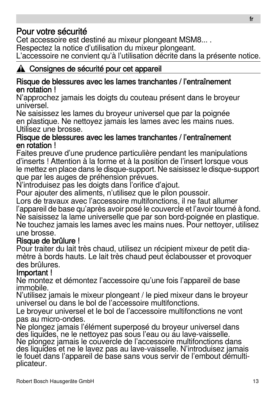 Pour votre sécurité | Bosch MSM88190 User Manual | Page 13 / 108