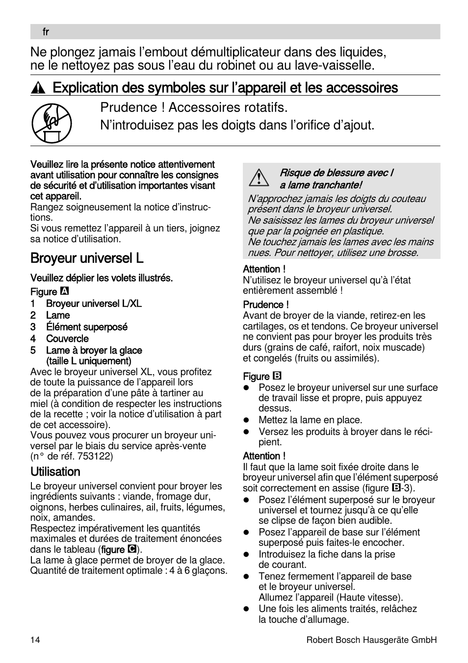 Broyeur universel l, Utilisation | Bosch MSM88190 User Manual | Page 14 / 108