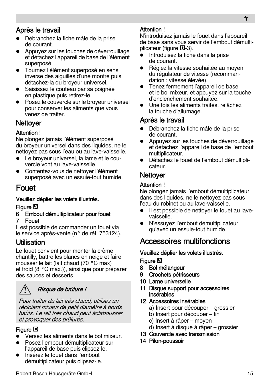 Fouet, Accessoires multifonctions, Après le travail | Nettoyer, Utilisation | Bosch MSM88190 User Manual | Page 15 / 108