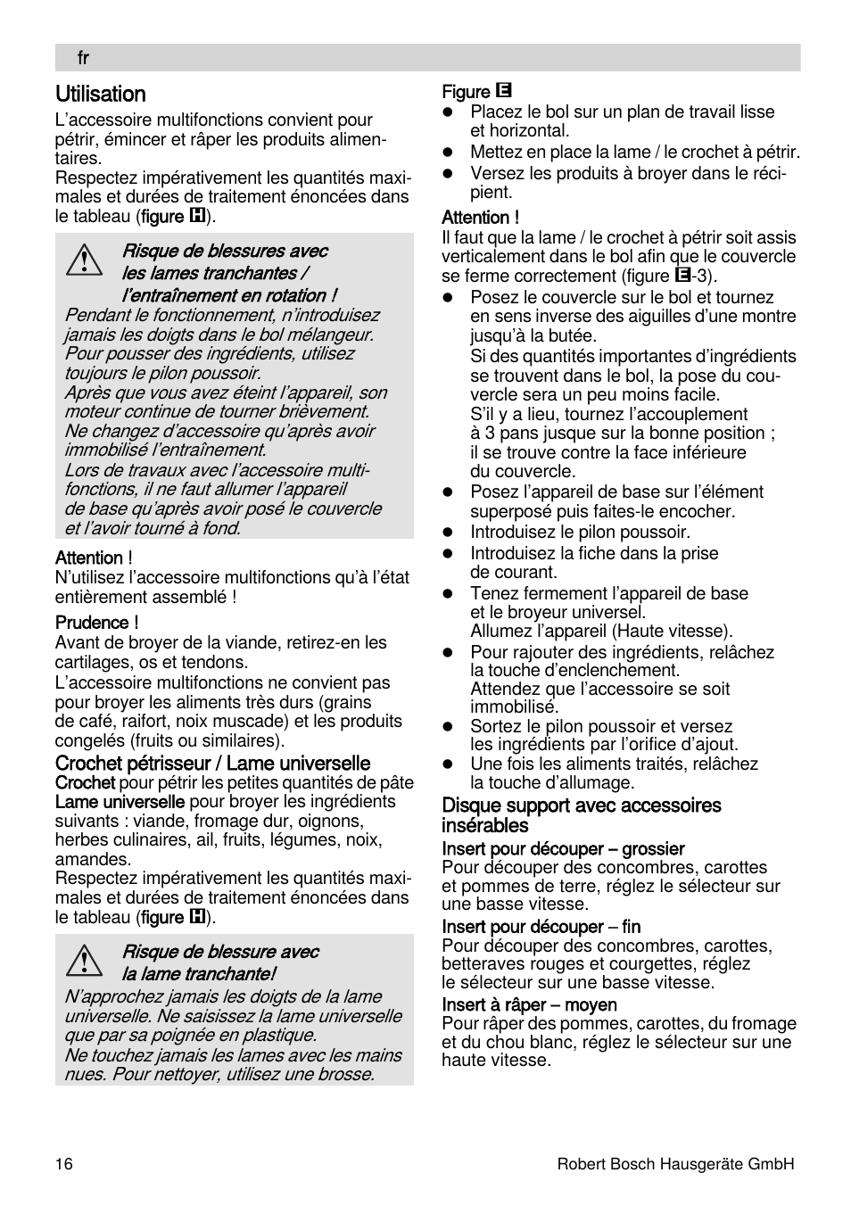 Utilisation | Bosch MSM88190 User Manual | Page 16 / 108