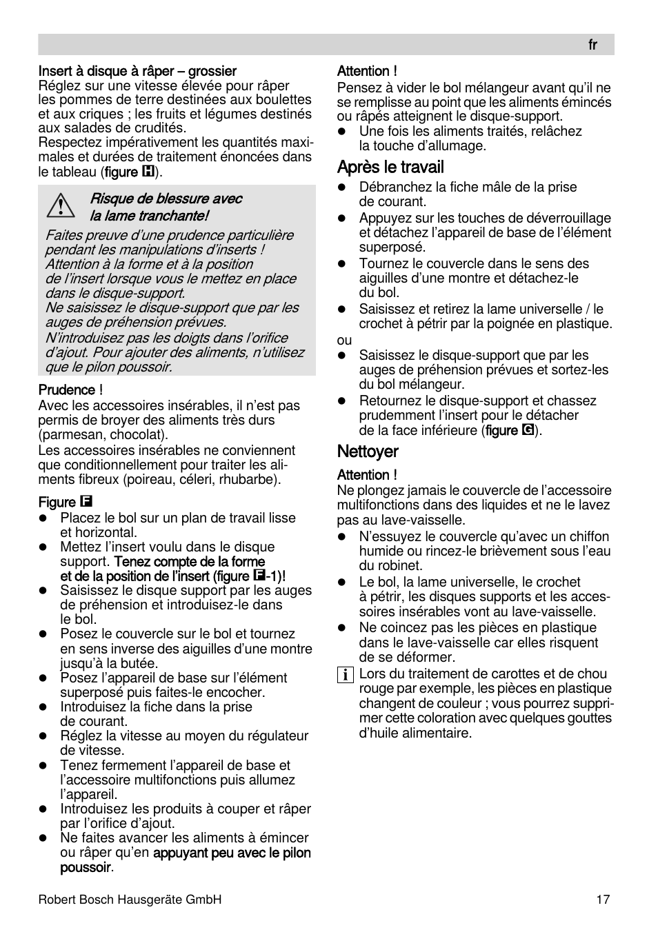 Après le travail, Nettoyer | Bosch MSM88190 User Manual | Page 17 / 108