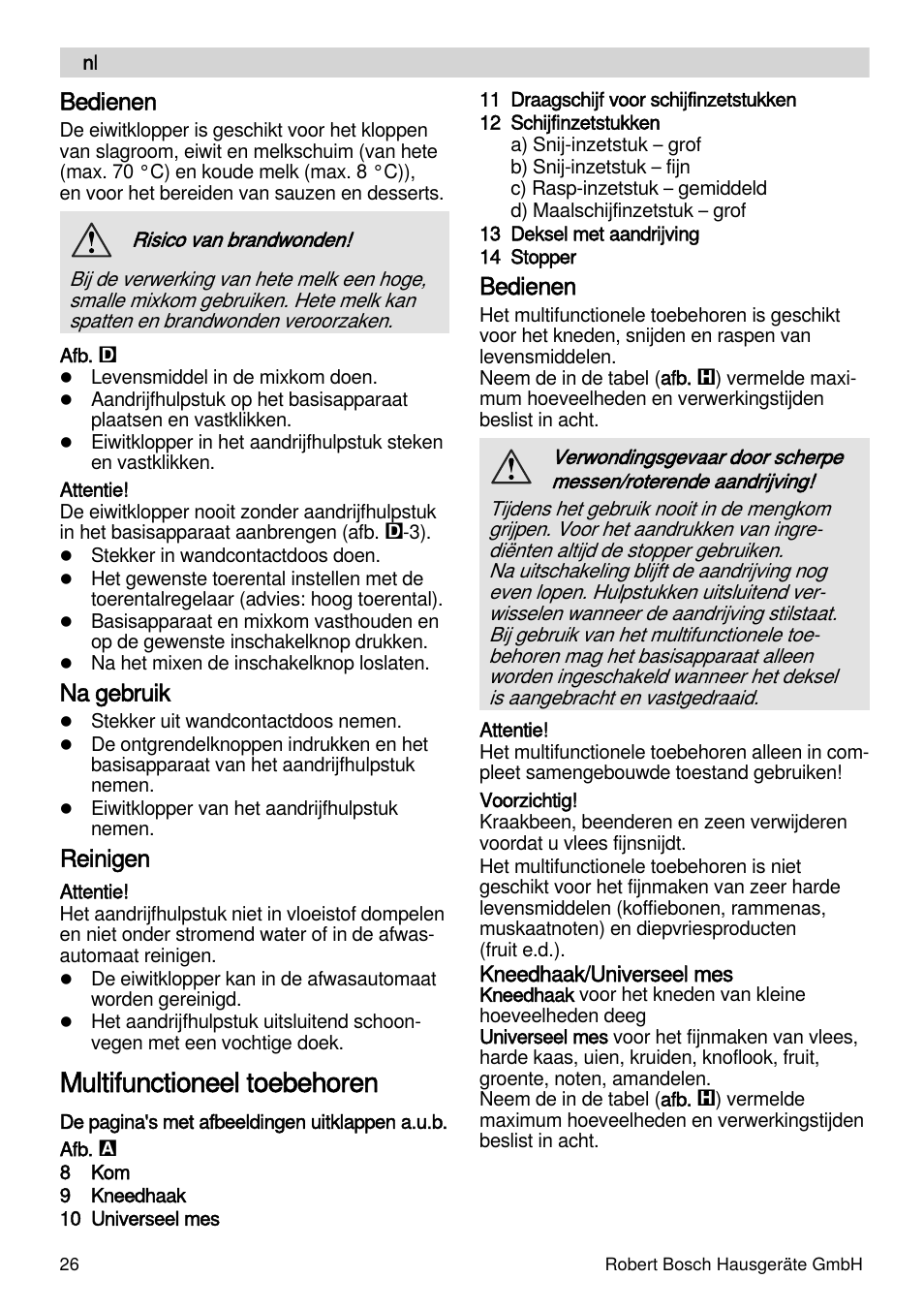 Multifunctioneel toebehoren, Bedienen, Na gebruik | Reinigen | Bosch MSM88190 User Manual | Page 26 / 108