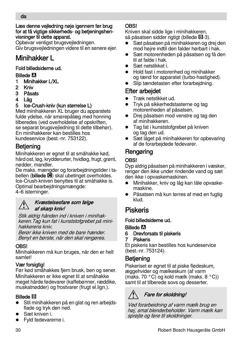 Minihakker l, Piskeris, Betjening | Efter arbejdet, Rengøring | Bosch MSM88190 User Manual | Page 30 / 108