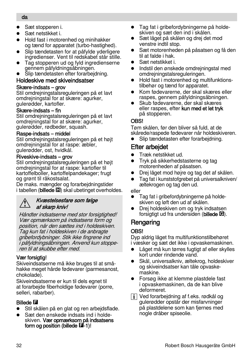 Efter arbejdet, Rengøring | Bosch MSM88190 User Manual | Page 32 / 108