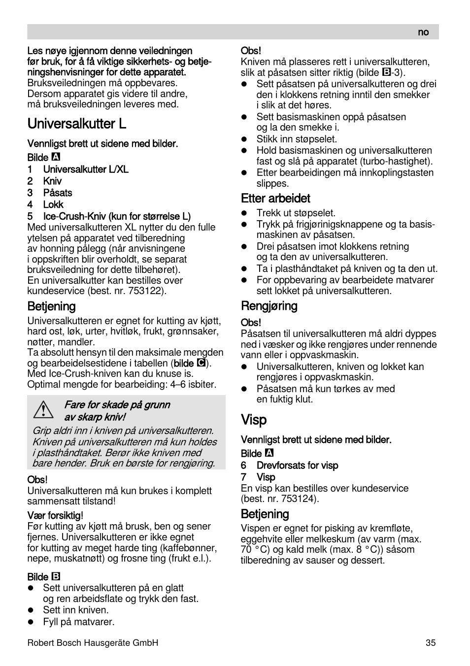 Universalkutter l, Visp, Betjening | Etter arbeidet, Rengjøring | Bosch MSM88190 User Manual | Page 35 / 108