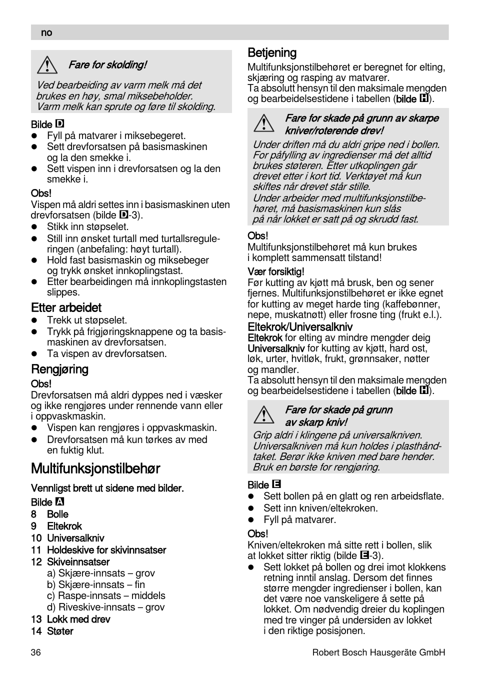 Multifunksjonstilbehør, Etter arbeidet, Rengjøring | Betjening | Bosch MSM88190 User Manual | Page 36 / 108