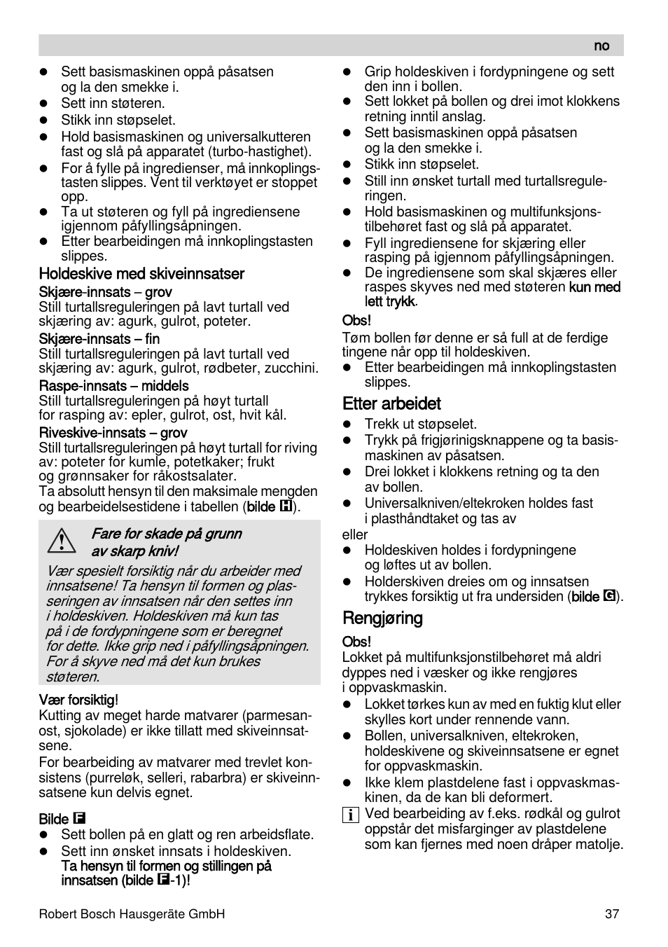 Etter arbeidet, Rengjøring | Bosch MSM88190 User Manual | Page 37 / 108