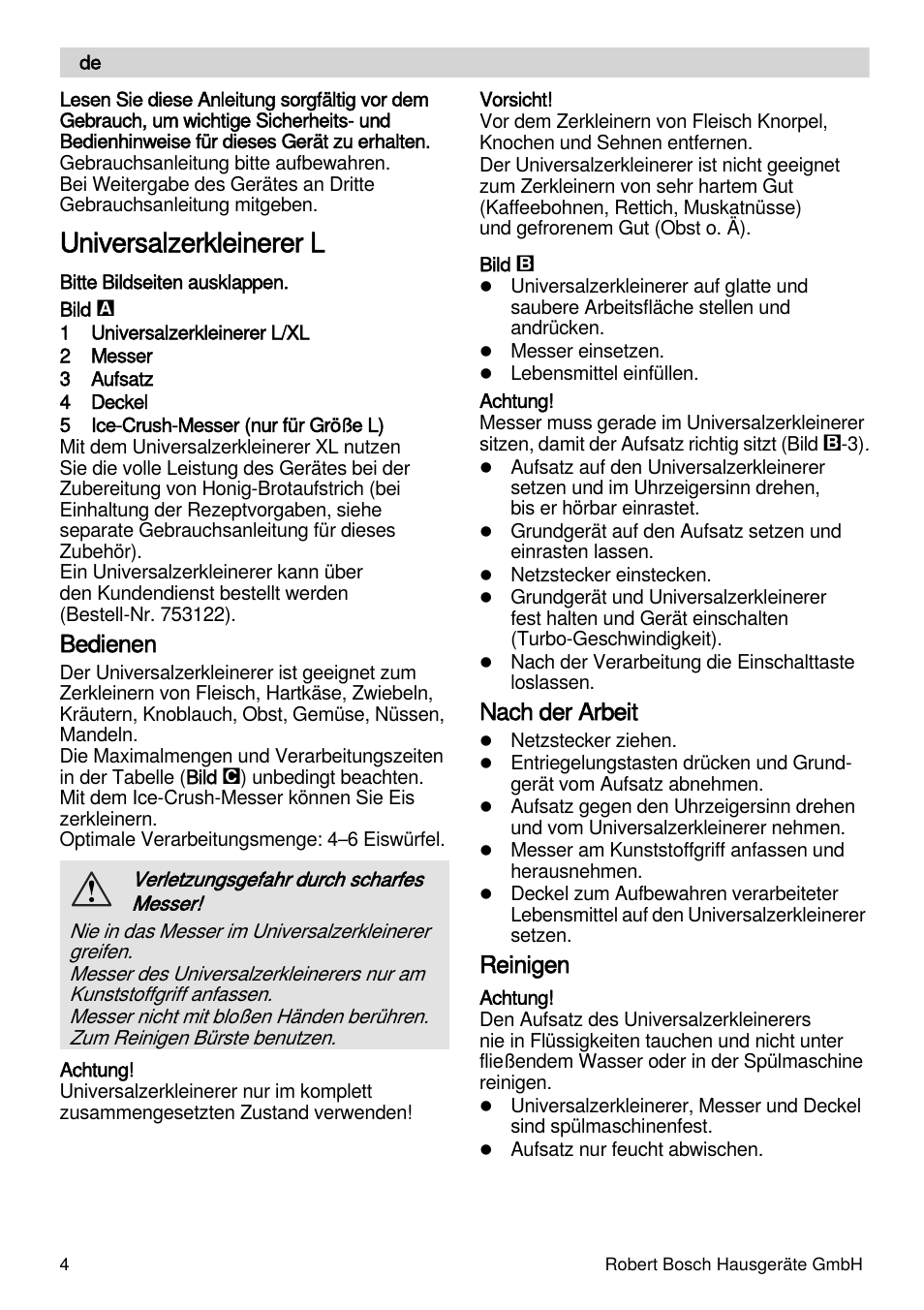 Universalzerkleinerer l, Bedienen, Nach der arbeit | Reinigen | Bosch MSM88190 User Manual | Page 4 / 108