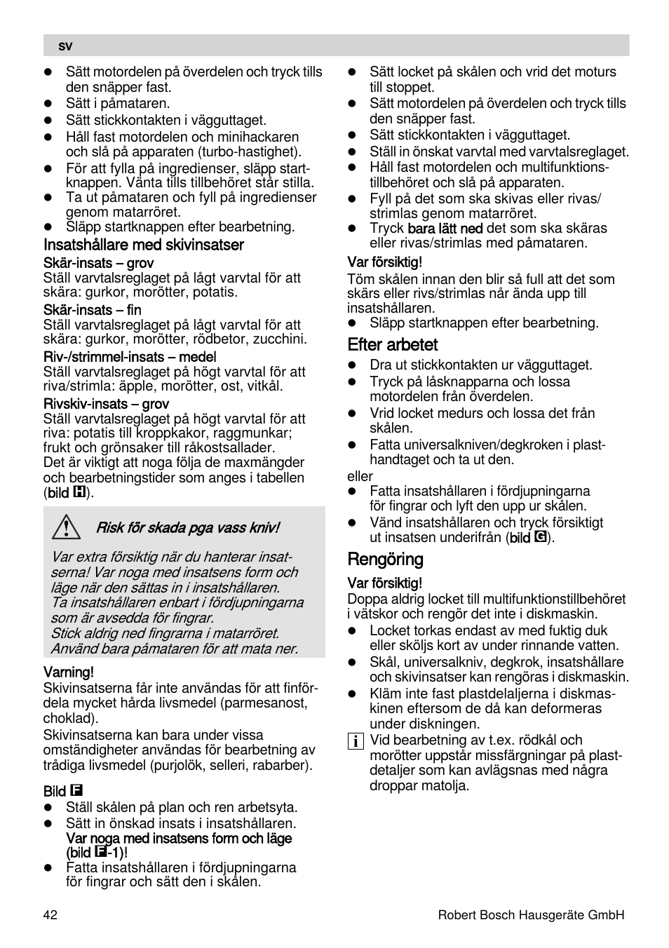 Efter arbetet, Rengöring | Bosch MSM88190 User Manual | Page 42 / 108