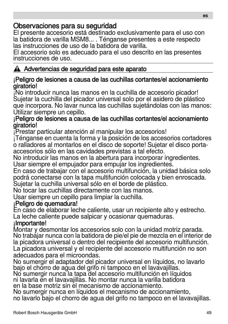 Observaciones para su seguridad | Bosch MSM88190 User Manual | Page 49 / 108