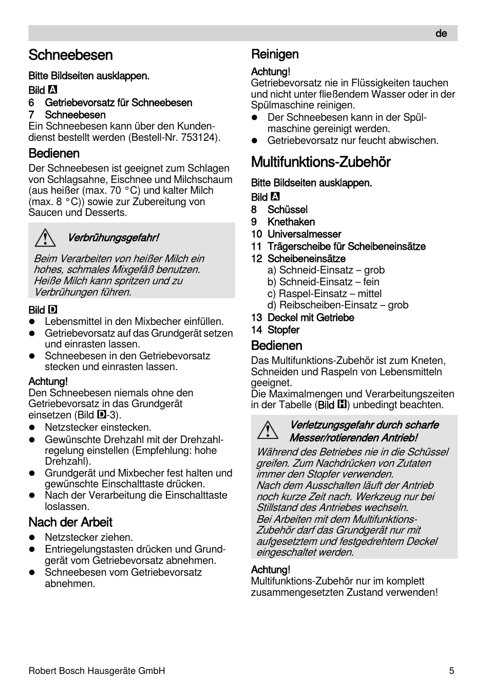 Schneebesen, Multifunktions-zubehör, Bedienen | Nach der arbeit, Reinigen | Bosch MSM88190 User Manual | Page 5 / 108