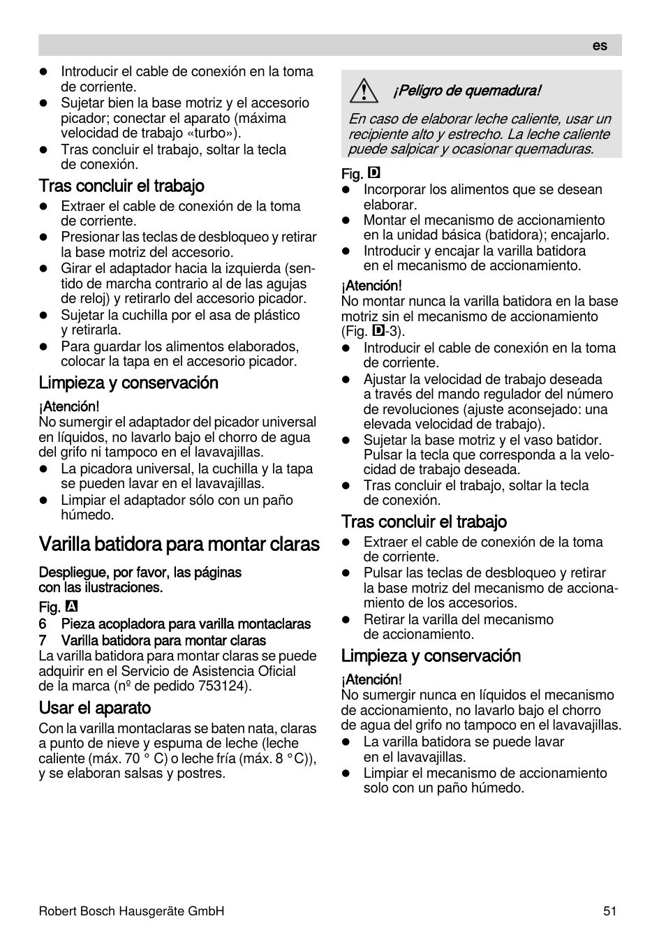 Varilla batidora para montar claras, Tras concluir el trabajo, Limpieza y conservación | Usar el aparato | Bosch MSM88190 User Manual | Page 51 / 108