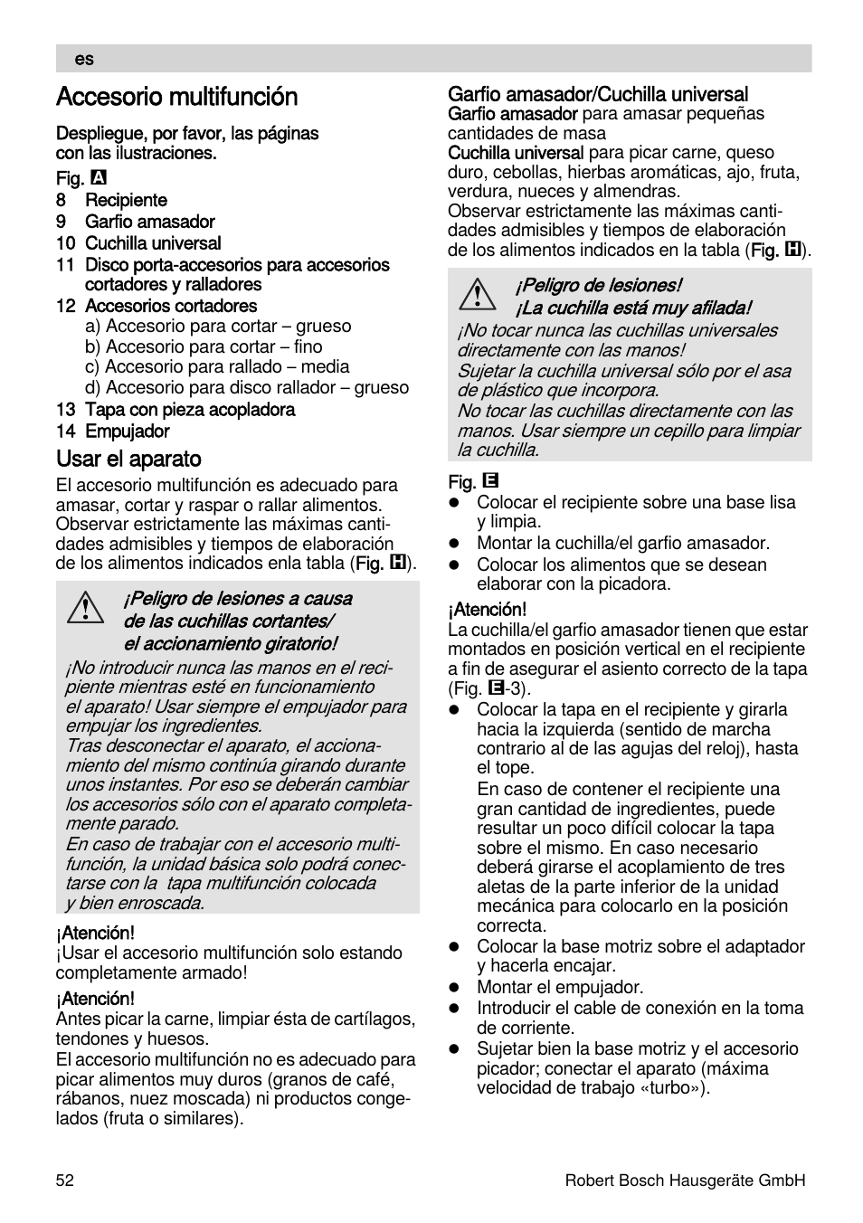 Accesorio multifunción, Usar el aparato | Bosch MSM88190 User Manual | Page 52 / 108