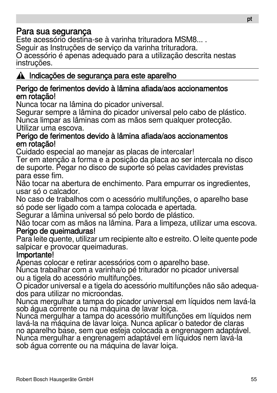 Para sua segurança | Bosch MSM88190 User Manual | Page 55 / 108