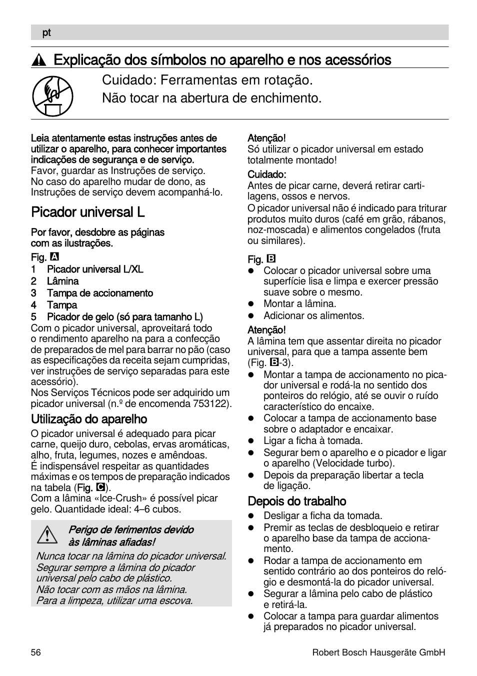 Picador universal l, Utilização do aparelho, Depois do trabalho | Bosch MSM88190 User Manual | Page 56 / 108